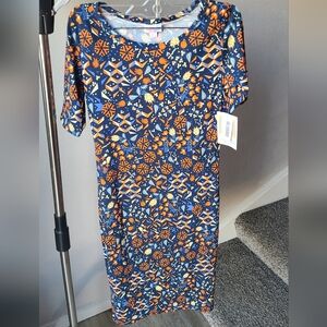 Lularoe Dress Women XXS Blue Yellow Floral Flowers Geometric Sheath Julia Casual
